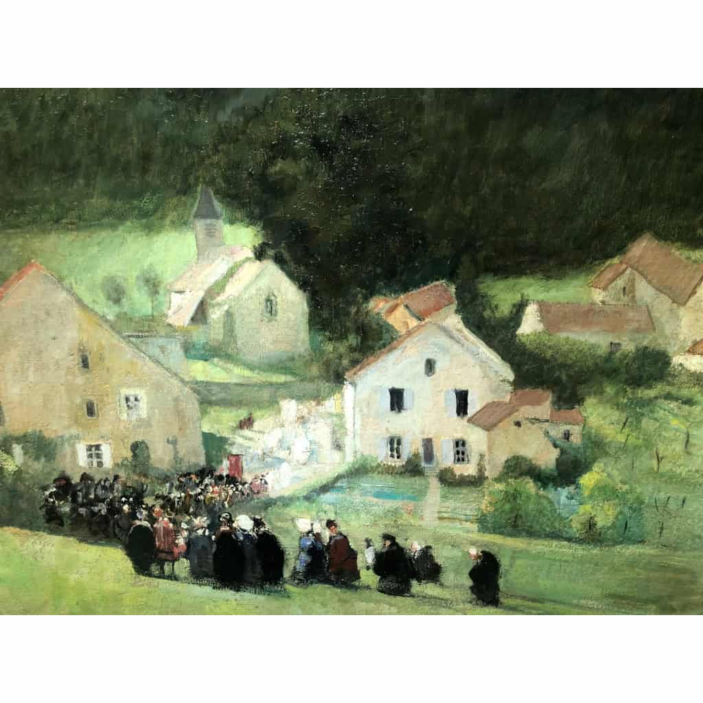 HERVE Jules Peinture Française 20è Langres Procession à Brevoines Huile sur Toile Signée Certificat D’authenticité 7