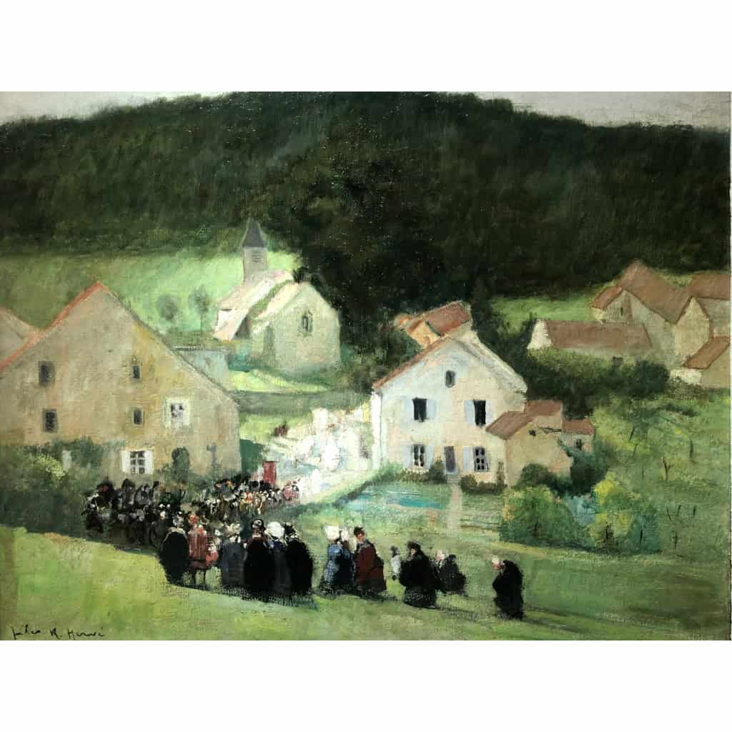 HERVE Jules Peinture Française 20è Langres Procession à Brevoines Huile sur Toile Signée Certificat D’authenticité 6