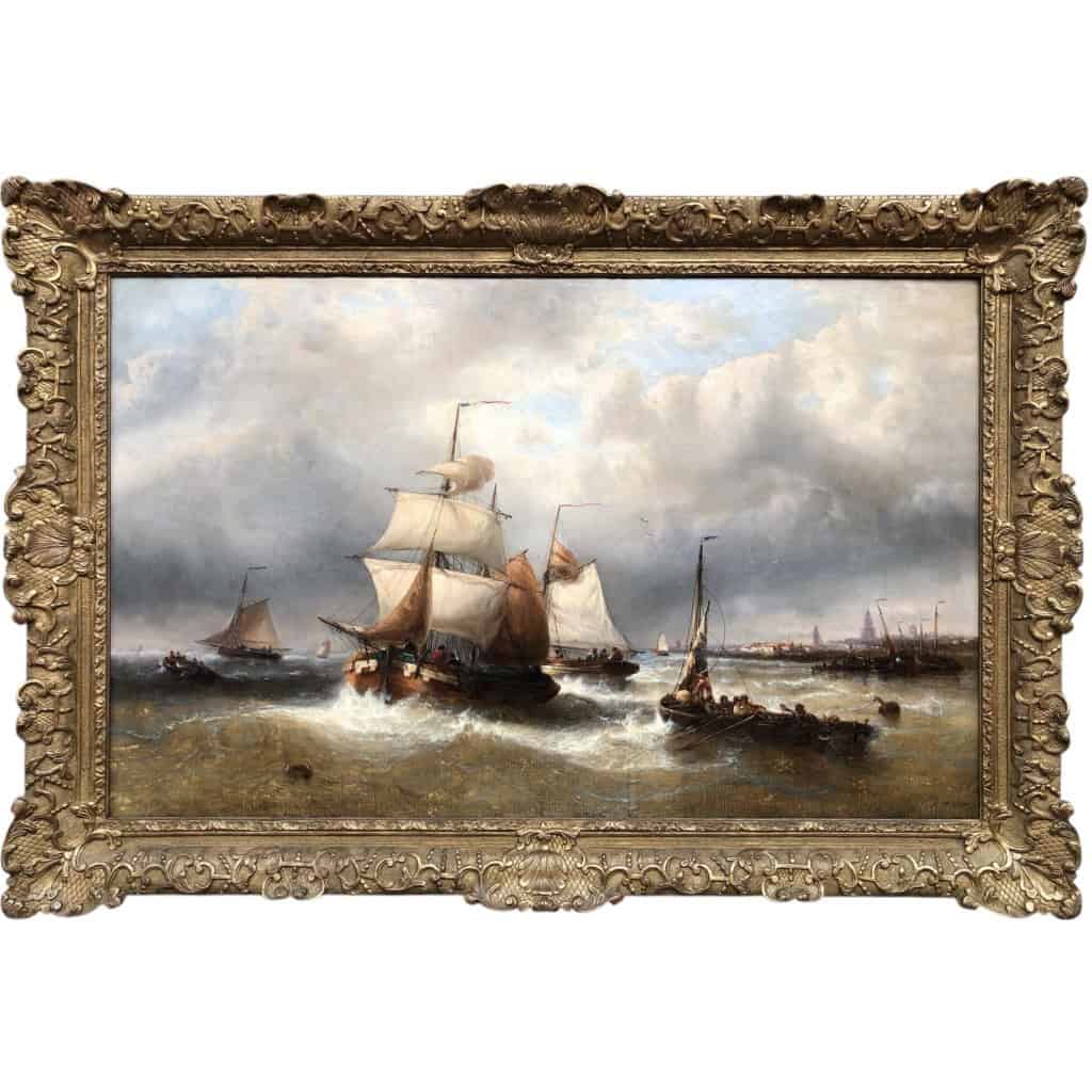 MUSIN François Ecole Belge 19è Marine Navires Quittant Le Port Huile sur Toile Signée Certificat d’authenticité 3