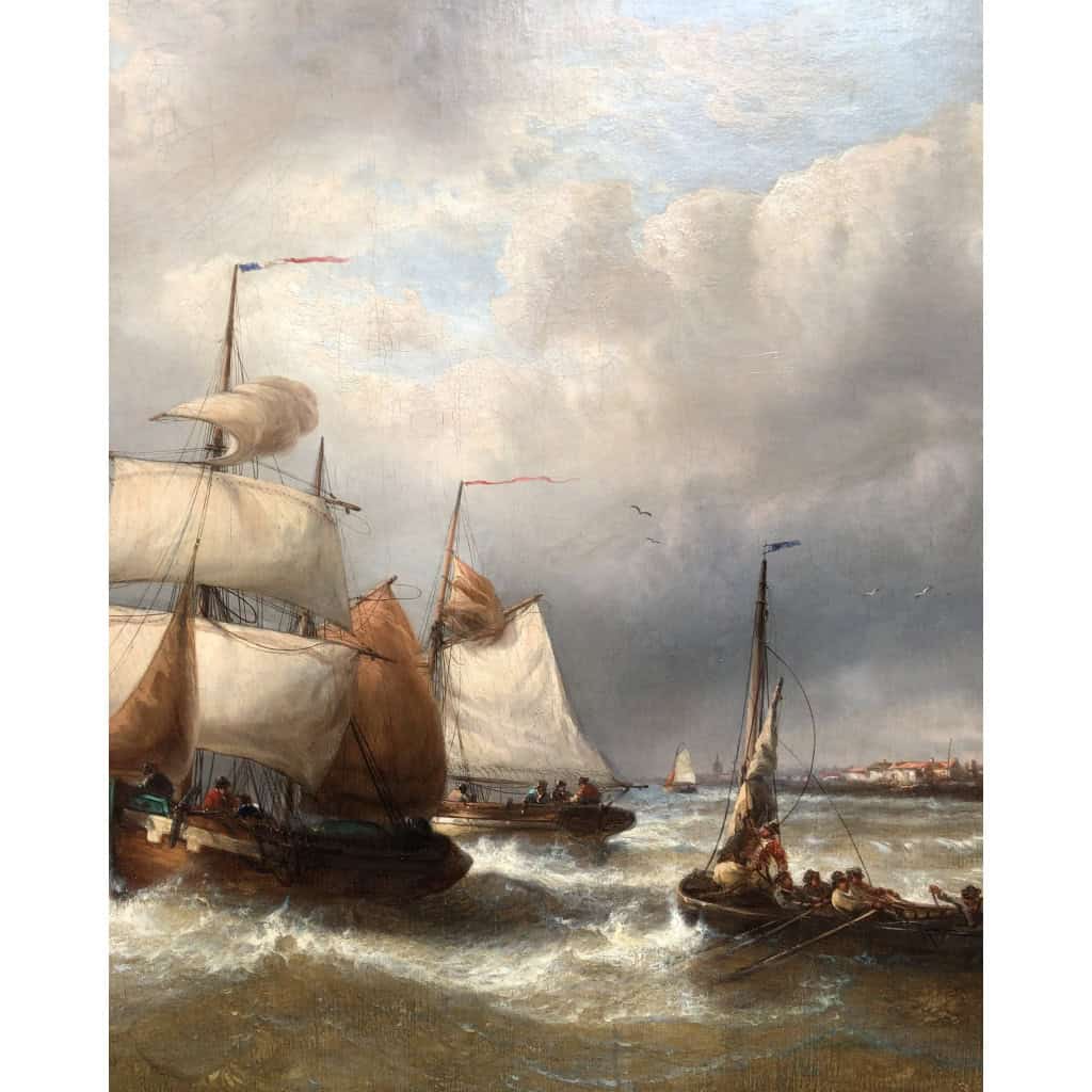 MUSIN François Ecole Belge 19è Marine Navires Quittant Le Port Huile sur Toile Signée Certificat d’authenticité 8