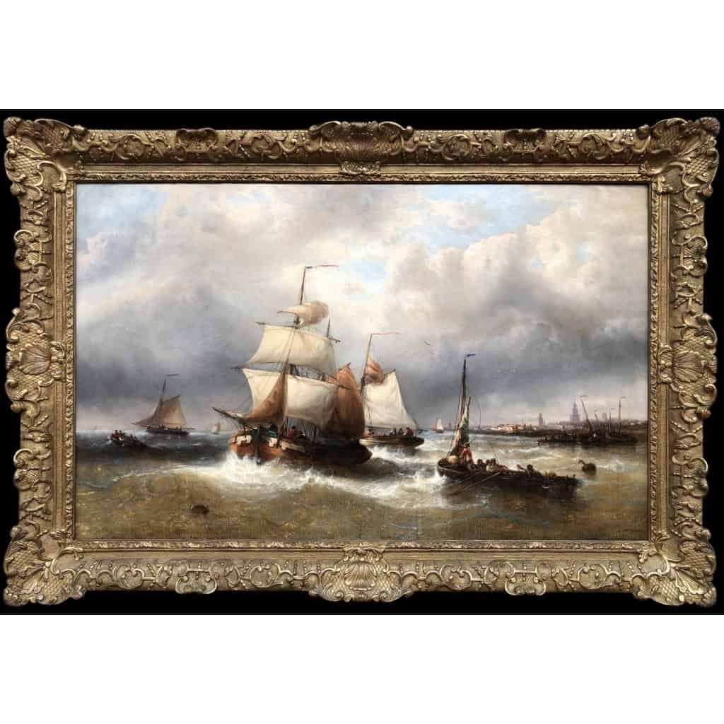 MUSIN François Ecole Belge 19è Marine Navires Quittant Le Port Huile sur Toile Signée Certificat d’authenticité 11