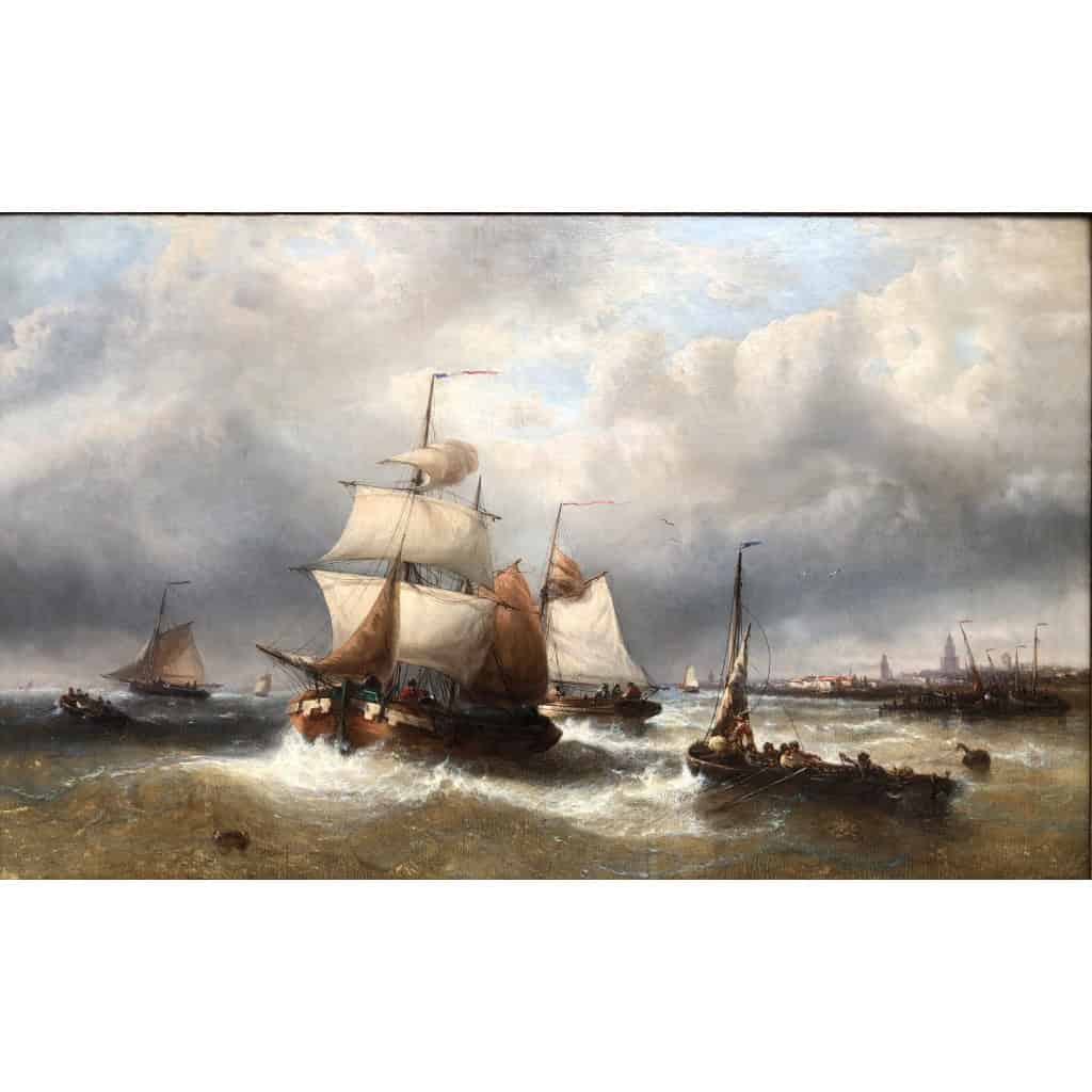 MUSIN François Ecole Belge 19è Marine Navires Quittant Le Port Huile sur Toile Signée Certificat d’authenticité 12