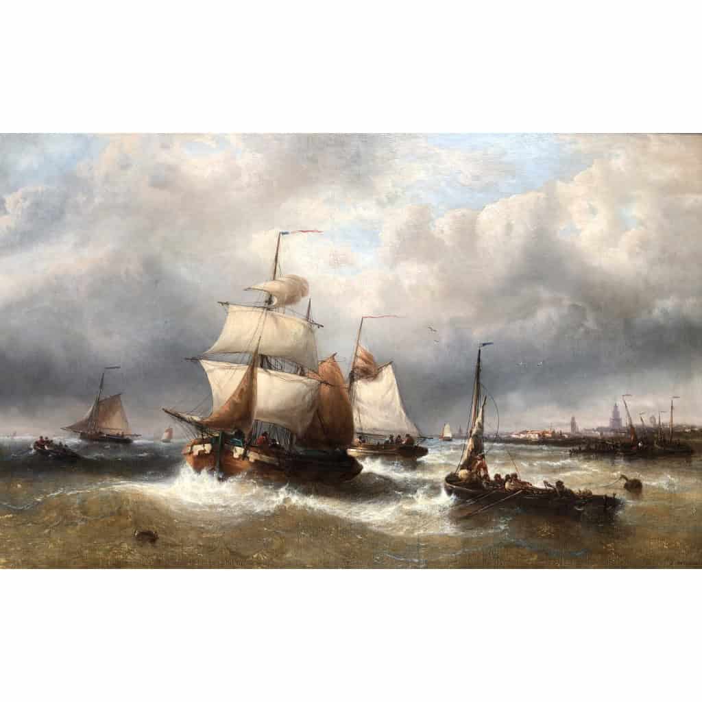MUSIN François Ecole Belge 19è Marine Navires Quittant Le Port Huile sur Toile Signée Certificat d’authenticité 13