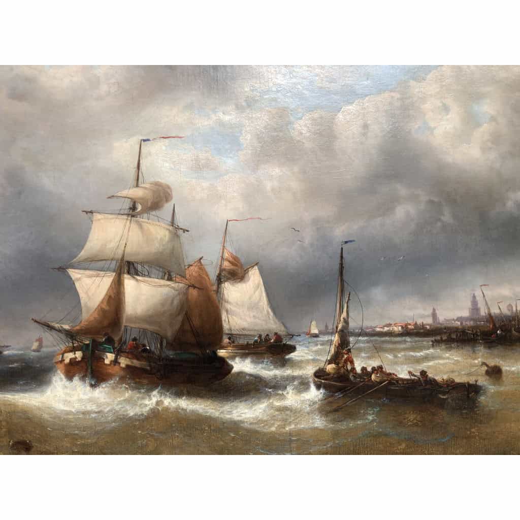 MUSIN François Ecole Belge 19è Marine Navires Quittant Le Port Huile sur Toile Signée Certificat d’authenticité 14