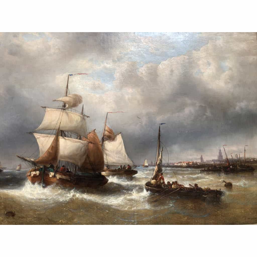 MUSIN François Ecole Belge 19è Marine Navires Quittant Le Port Huile sur Toile Signée Certificat d’authenticité 4