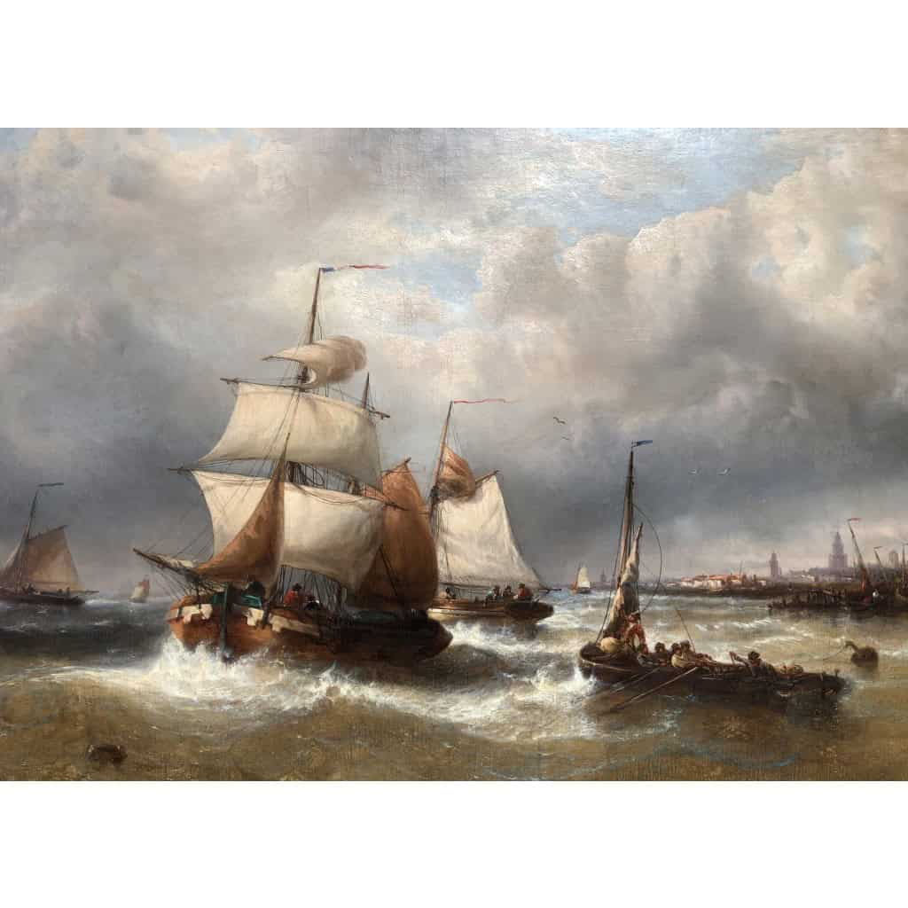 MUSIN François Ecole Belge 19è Marine Navires Quittant Le Port Huile sur Toile Signée Certificat d’authenticité 5