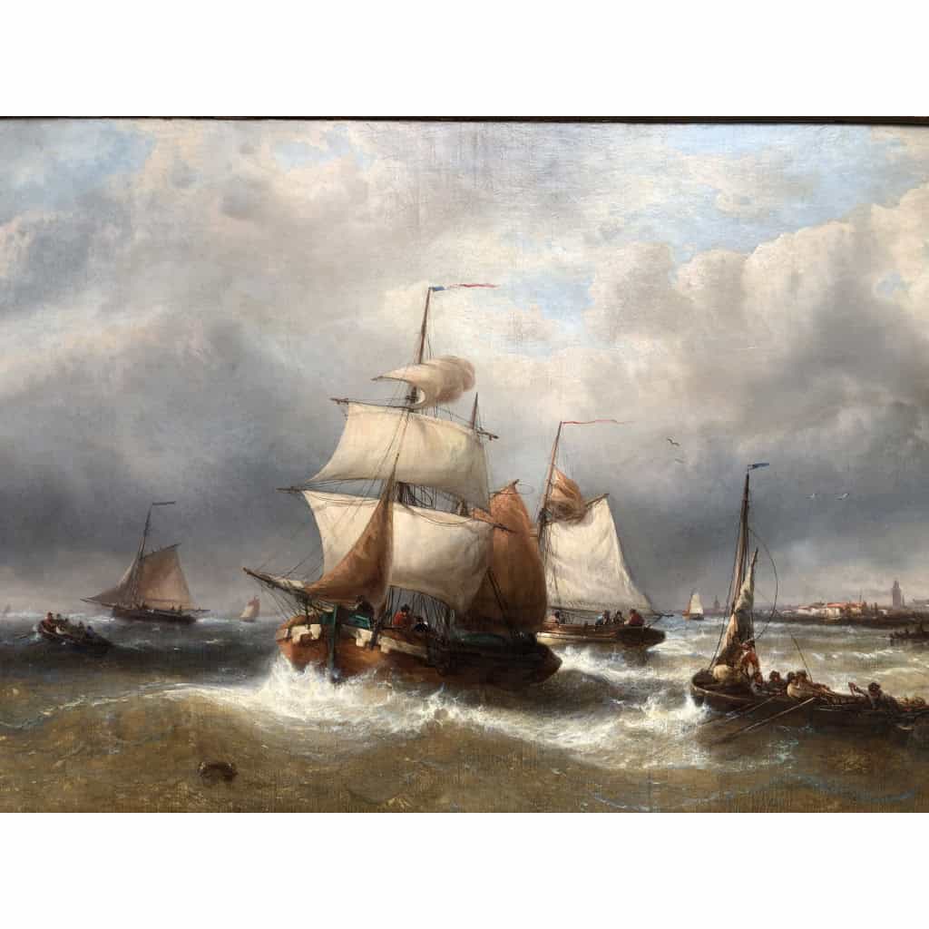 MUSIN François Ecole Belge 19è Marine Navires Quittant Le Port Huile sur Toile Signée Certificat d’authenticité 6