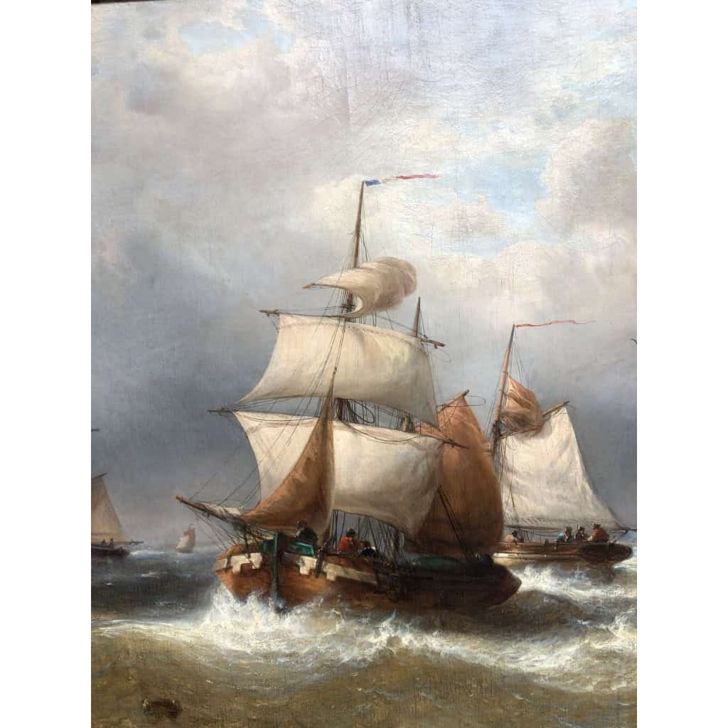 MUSIN François Ecole Belge 19è Marine Navires Quittant Le Port Huile sur Toile Signée Certificat d’authenticité 7