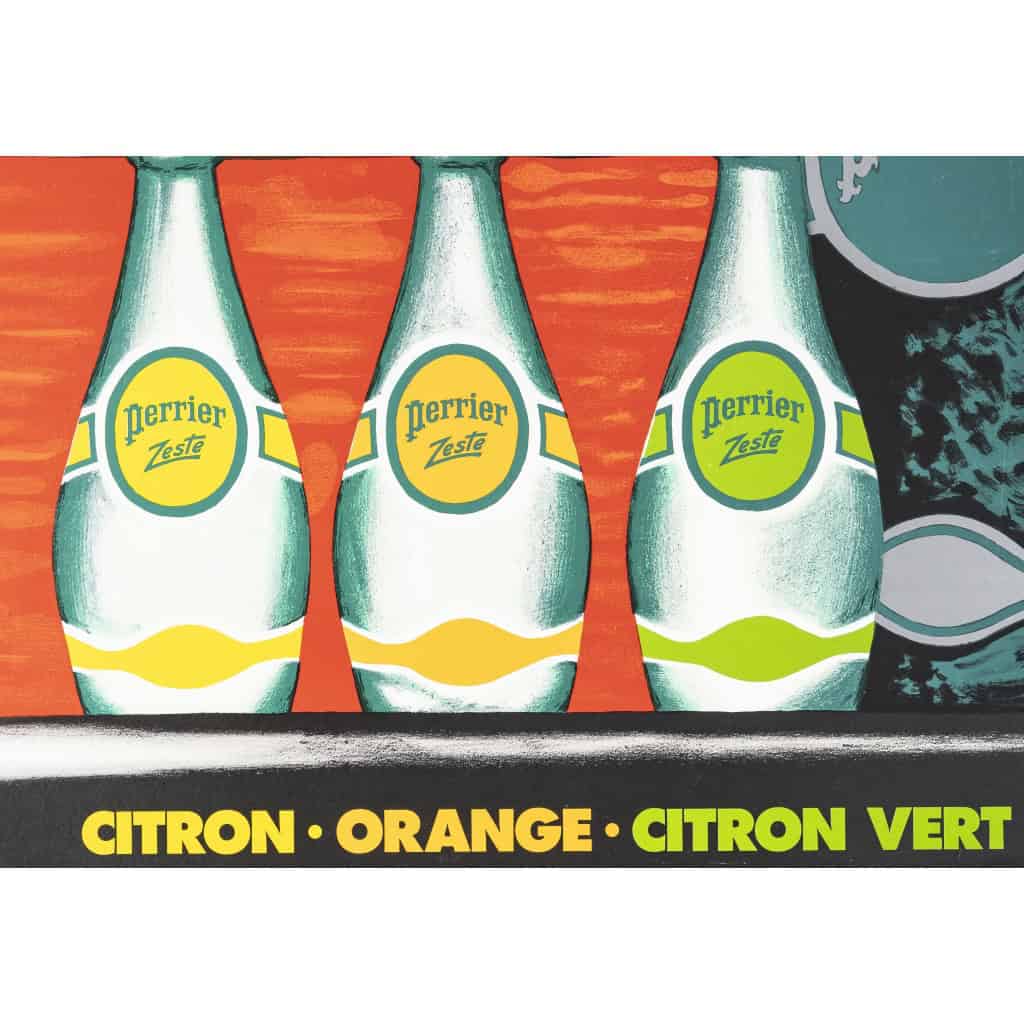 Affiche Originale, Bernard Villemot, Perrier Zeste, Eau Minérale Gazeuse, Boisson, Bouteille, Verre, Arôme, Citron, Orange, c.1980 6