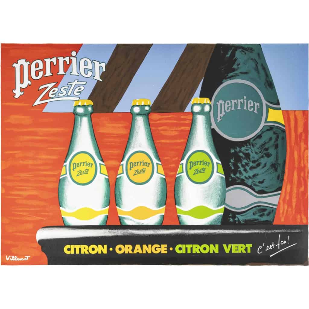Affiche Originale, Bernard Villemot, Perrier Zeste, Eau Minérale Gazeuse, Boisson, Bouteille, Verre, Arôme, Citron, Orange, c.1980 3