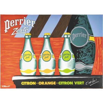 Affiche Originale, Bernard Villemot, Perrier Zeste, Eau Minérale Gazeuse, Boisson, Bouteille, Verre, Arôme, Citron, Orange, c.1980