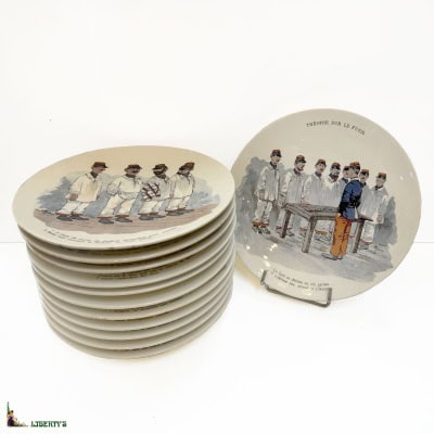 Suite de 12 assiettes faïence de Sarreguemines « Mes 28 jours », diam. 22 cm (Fin XIXe)
