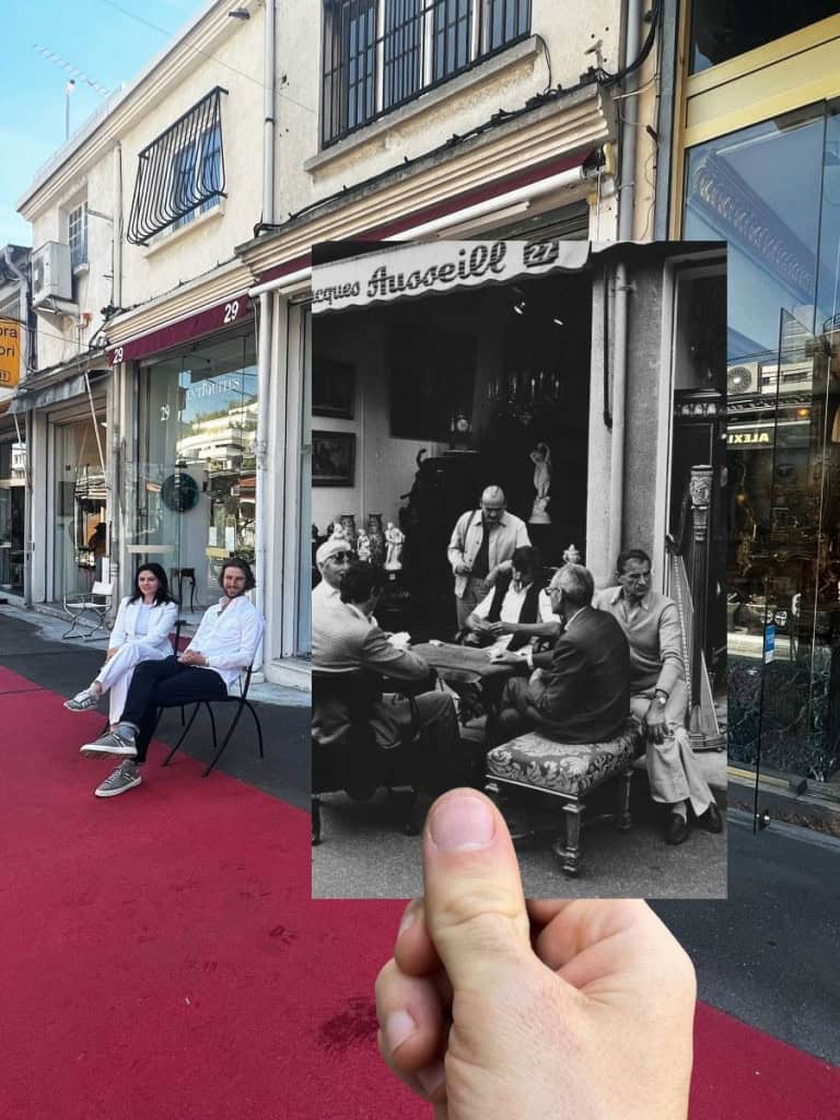 Des marchands jouant à la belote à Biron en 1980 face à Marius Simon et Eva Raissa, la nouvelle génération d’antiquaires du marché - Gilbert Rosati - BHVP © Alexis Lecomte – Histoire_de_rue