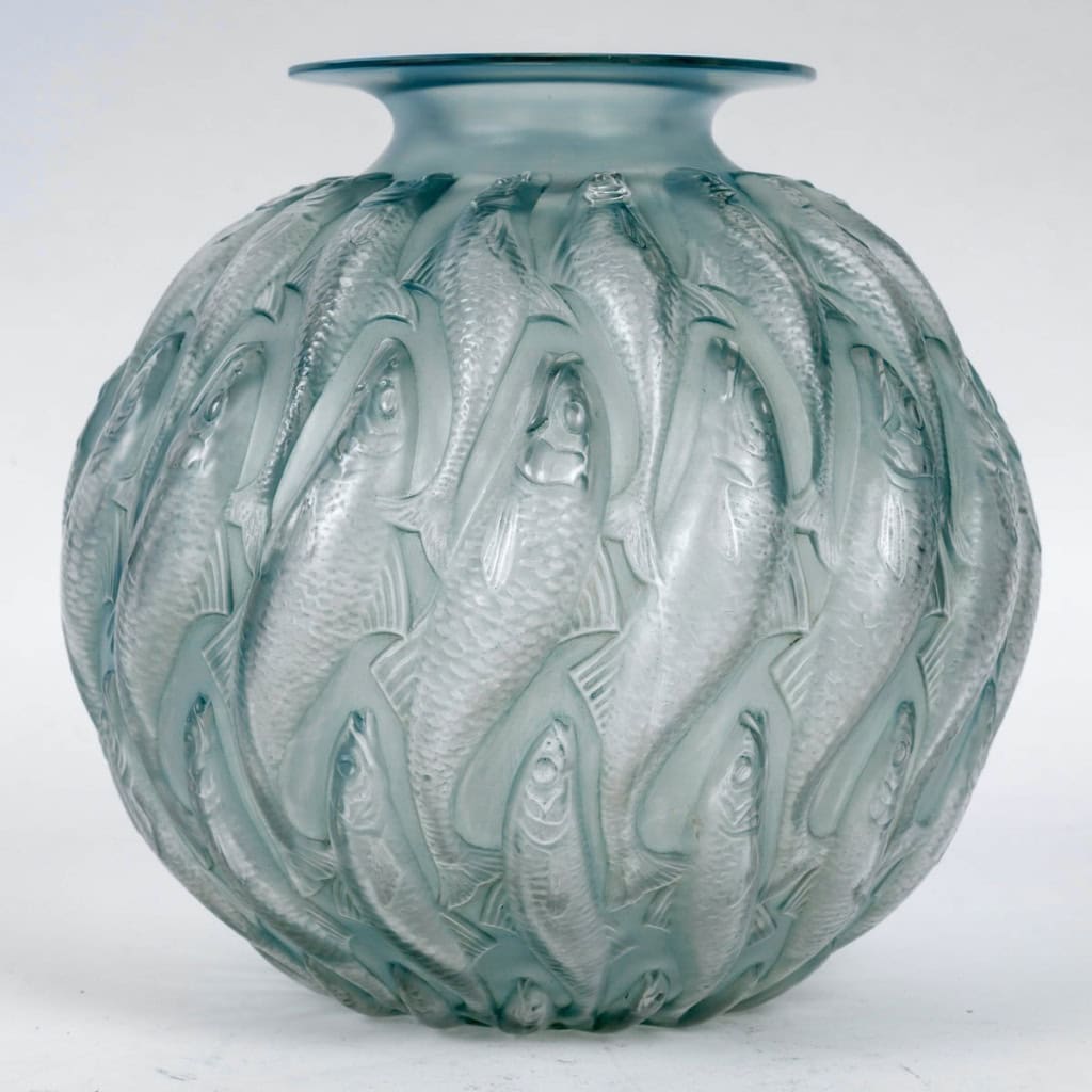 1927 René Lalique – Vase Marisa Verre Blanc Patiné Bleu Vert 3