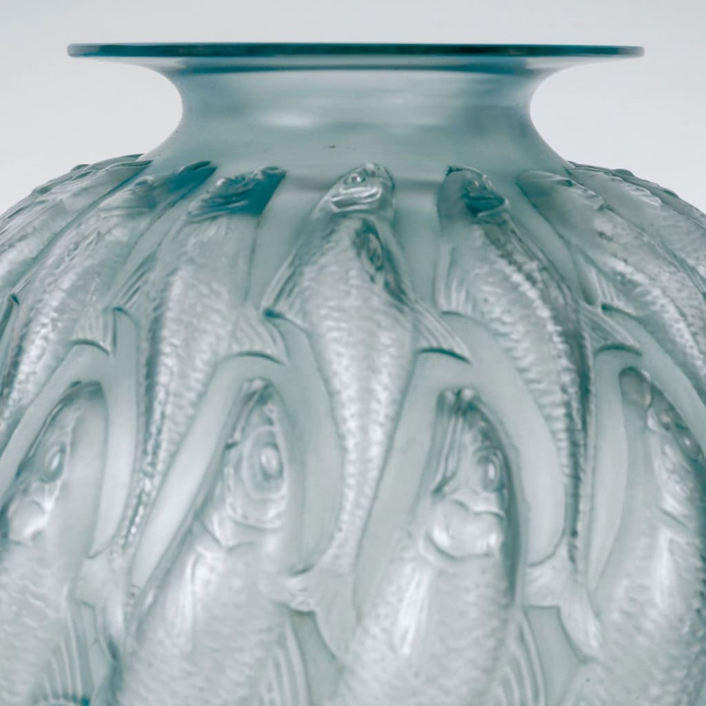 1927 René Lalique – Vase Marisa Verre Blanc Patiné Bleu Vert 5