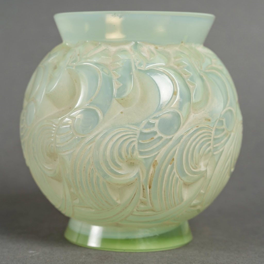 1931 René Lalique – Vase Le Mans Verre Vert Céladon Patiné Blanc 4