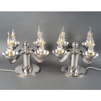 Jean Despres – Paire de Candélabres Art Déco Moderniste Métal Argenté Martelé