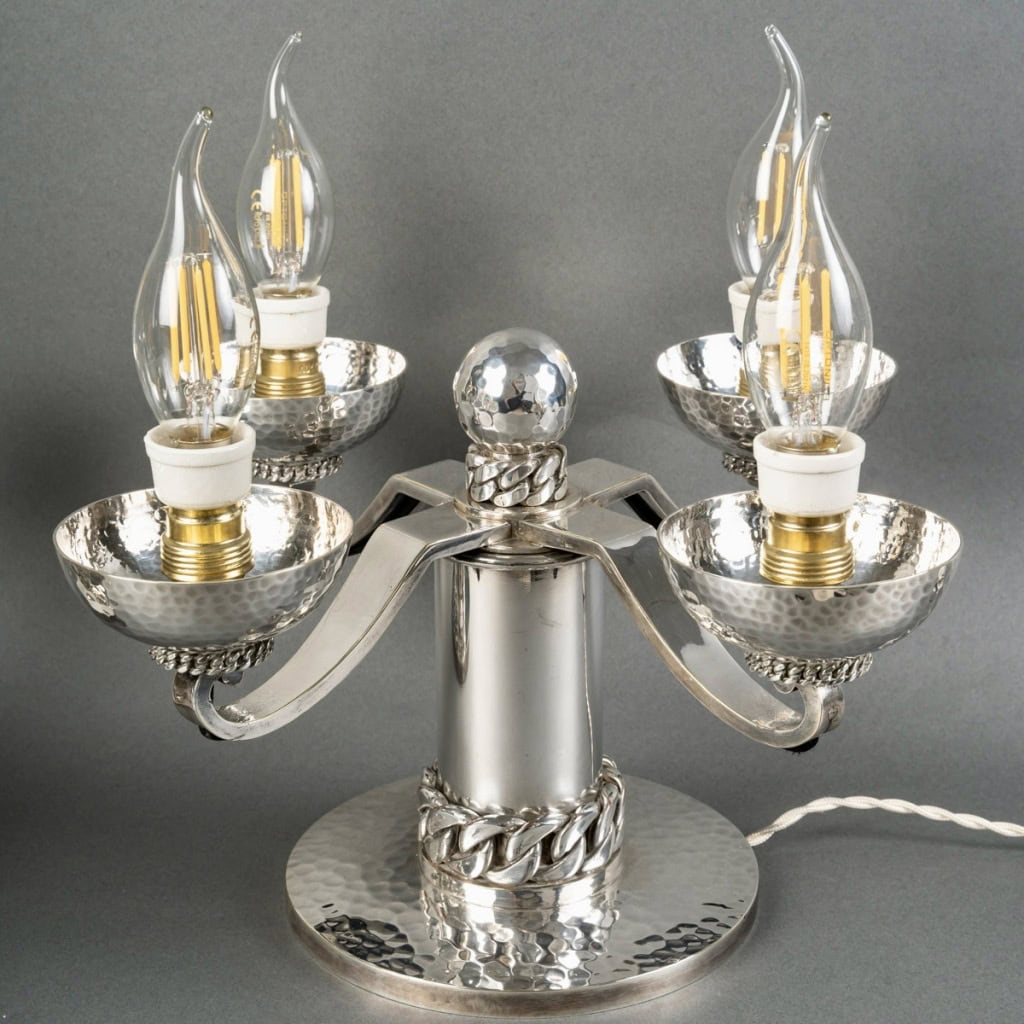 Jean Despres – Paire de Candélabres Art Déco Moderniste Métal Argenté Martelé 5