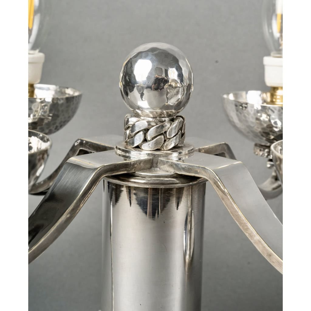 Jean Despres – Paire de Candélabres Art Déco Moderniste Métal Argenté Martelé 7
