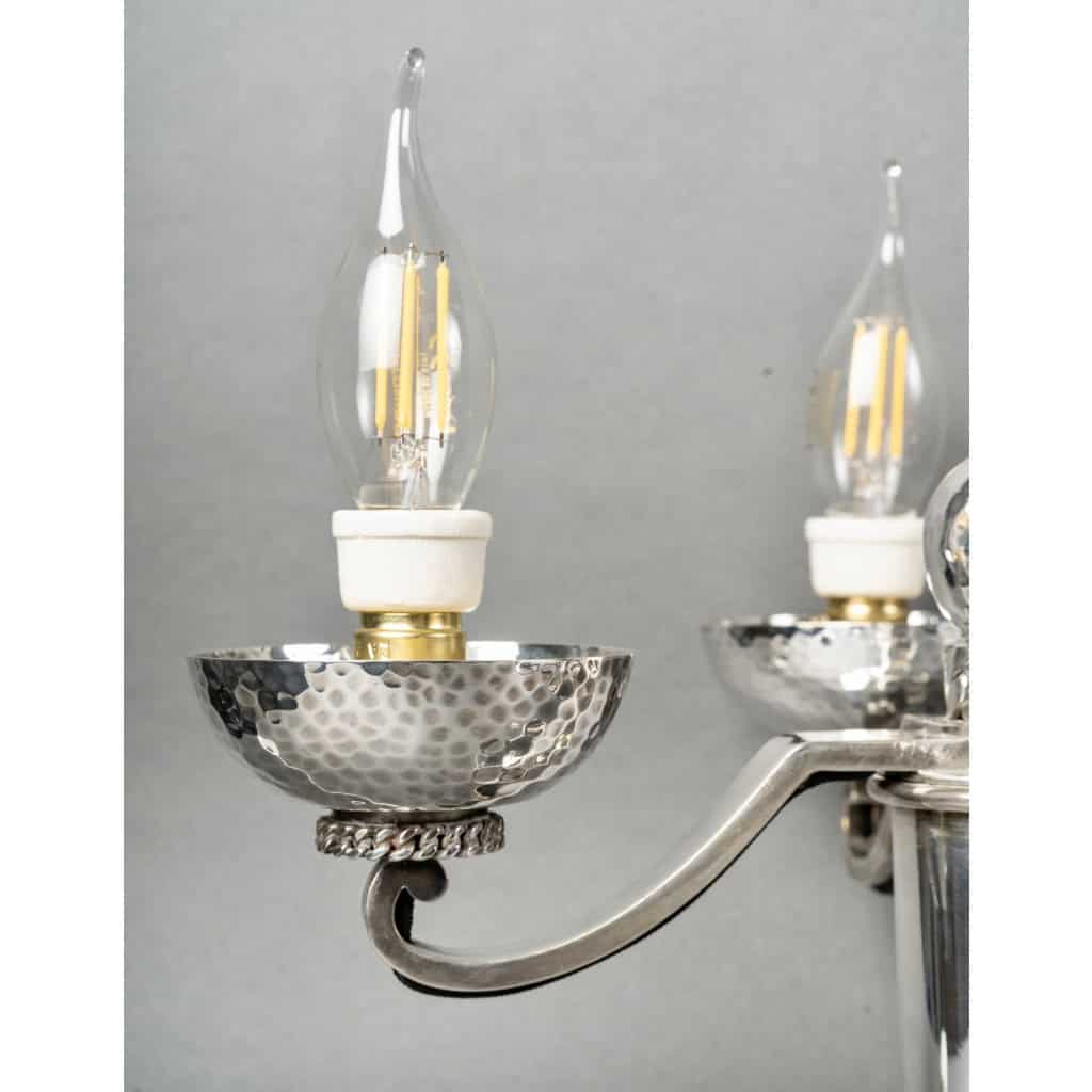 Jean Despres – Paire de Candélabres Art Déco Moderniste Métal Argenté Martelé 9
