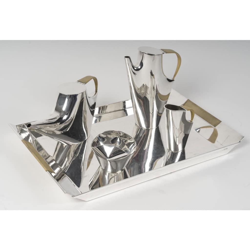 CHRISTOFLE – SABATTINI – Set Thé/Café Moderniste sur son plateau Argent Massif Circa 1957/1968 3