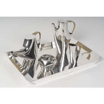 CHRISTOFLE – SABATTINI – Set Thé/Café Moderniste sur son plateau Argent Massif Circa 1957/1968