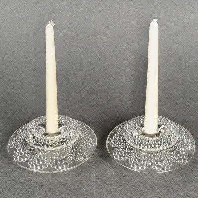 1934 René Lalique – Paire De Bougeoirs Art Déco Saint Gall Verre