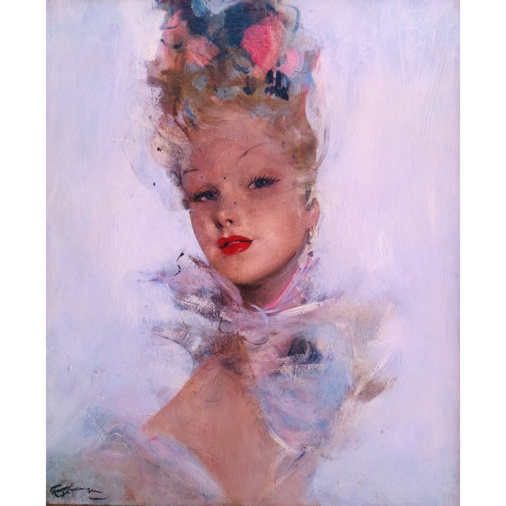 DOMERGUE Jean Gabriel Peinture XXè Jeune Femme au foulard Huile Sur Isorel Signée Figure dans les Archives Willer 6