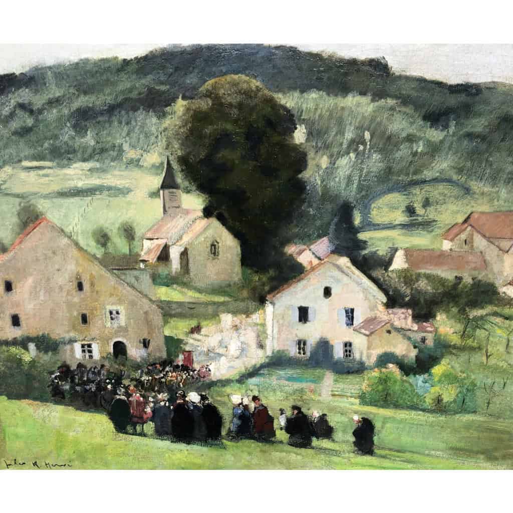 HERVE Jules Peinture Française 20è Langres Procession à Brevoines Huile Toile Signée Certificat d’authenticité 7