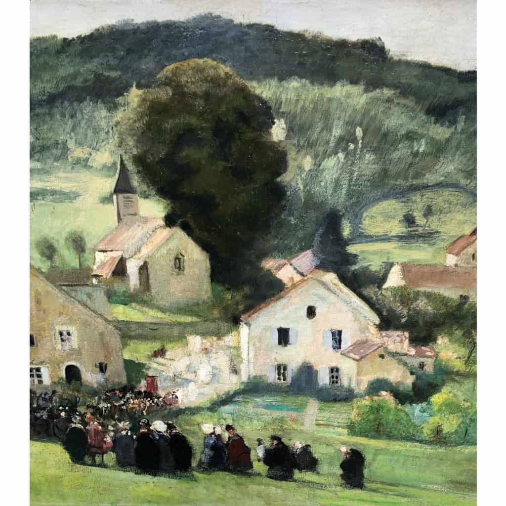 HERVE Jules Peinture Française 20è Langres Procession à Brevoines Huile Toile Signée Certificat d’authenticité 6