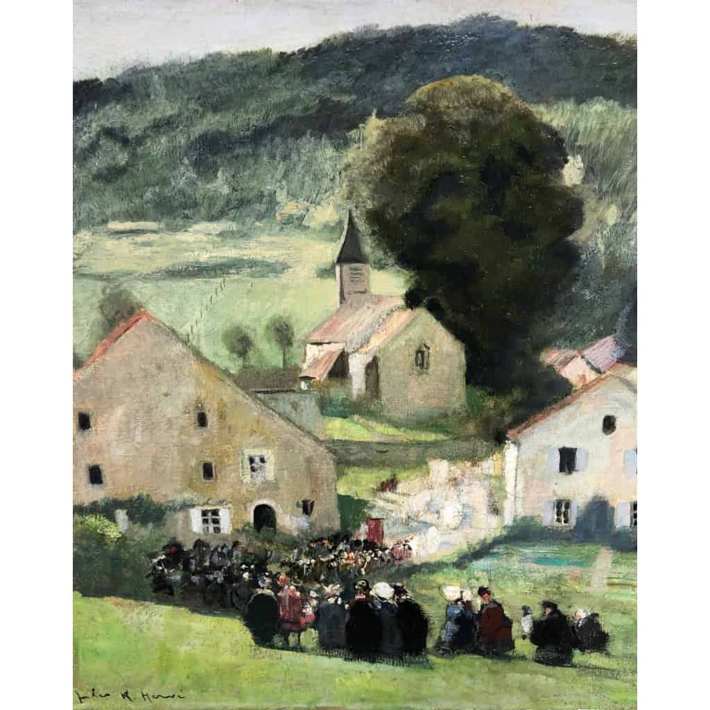 HERVE Jules Peinture Française 20è Langres Procession à Brevoines Huile Toile Signée Certificat d’authenticité 4