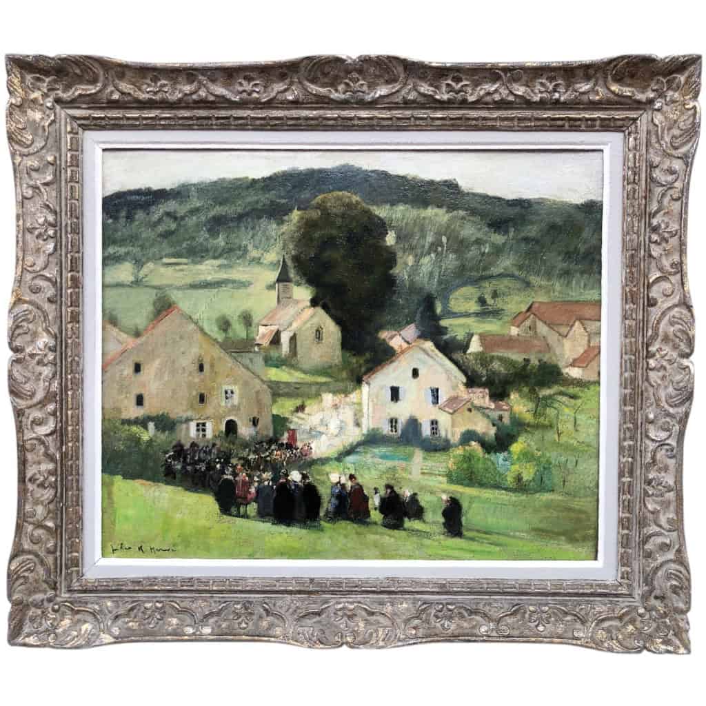 HERVE Jules Peinture Française 20è Langres Procession à Brevoines Huile Toile Signée Certificat d’authenticité 3