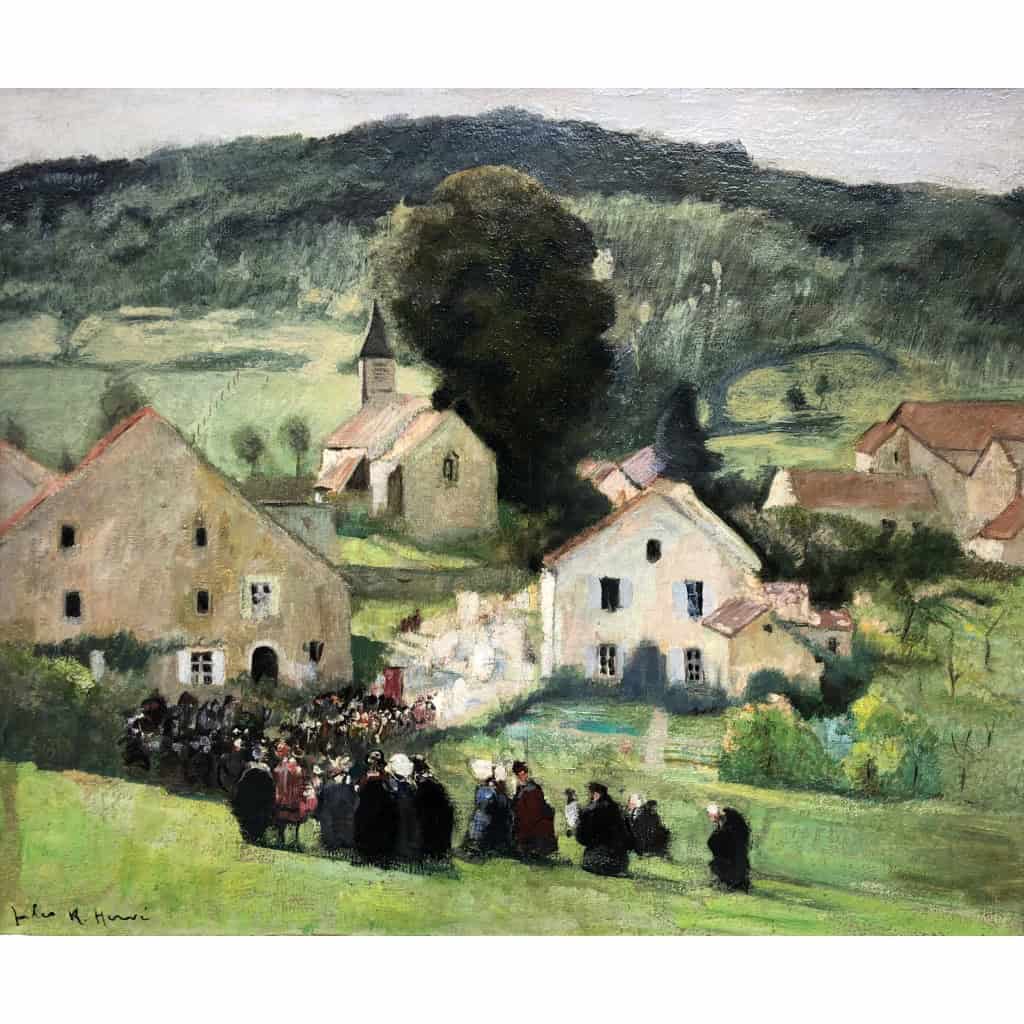 HERVE Jules Peinture Française 20è Langres Procession à Brevoines Huile Toile Signée Certificat d’authenticité 13