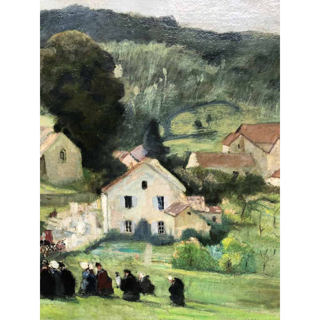 HERVE Jules Peinture Française 20è Langres Procession à Brevoines Huile Toile Signée Certificat d’authenticité 12