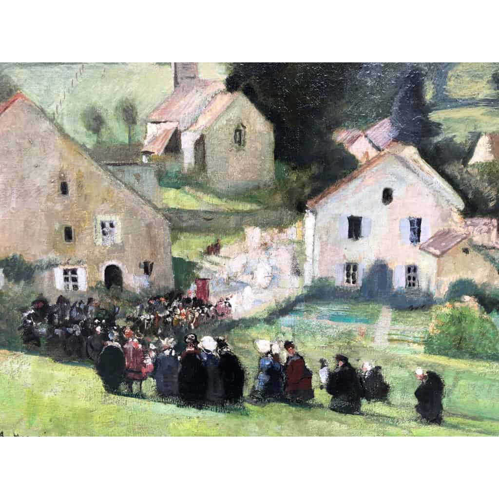 HERVE Jules Peinture Française 20è Langres Procession à Brevoines Huile Toile Signée Certificat d’authenticité 5