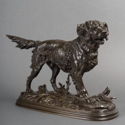 Sculpture – Chien épagneul à l’affût , Paul – Édouard Delabrièrre (1829-1912) – Bronze