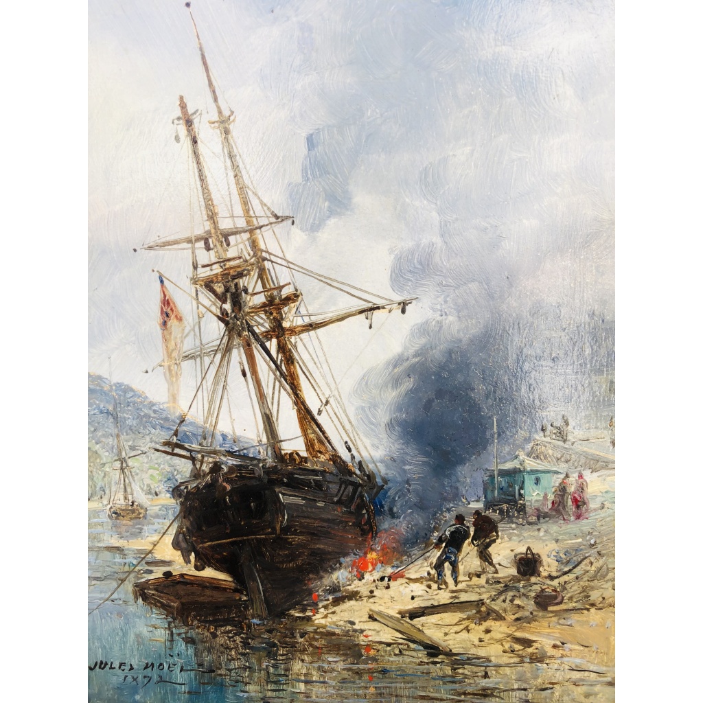 NOEL Jules Ecole Française 19è Voilier en cale 1872 Huile Sur panneau Signée Datée Certificat d’Authenticité 6