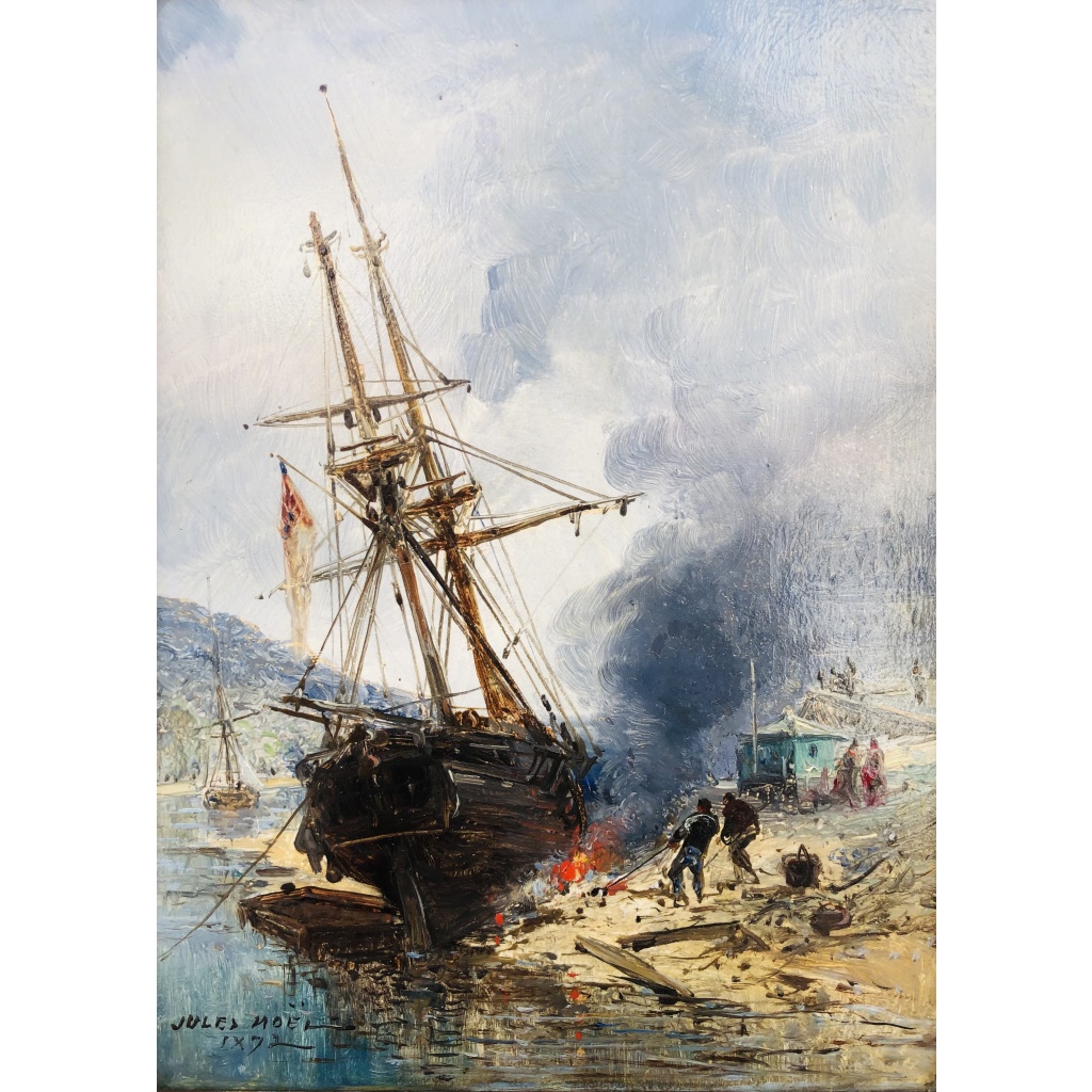 NOEL Jules Ecole Française 19è Voilier en cale 1872 Huile Sur panneau Signée Datée Certificat d’Authenticité 4
