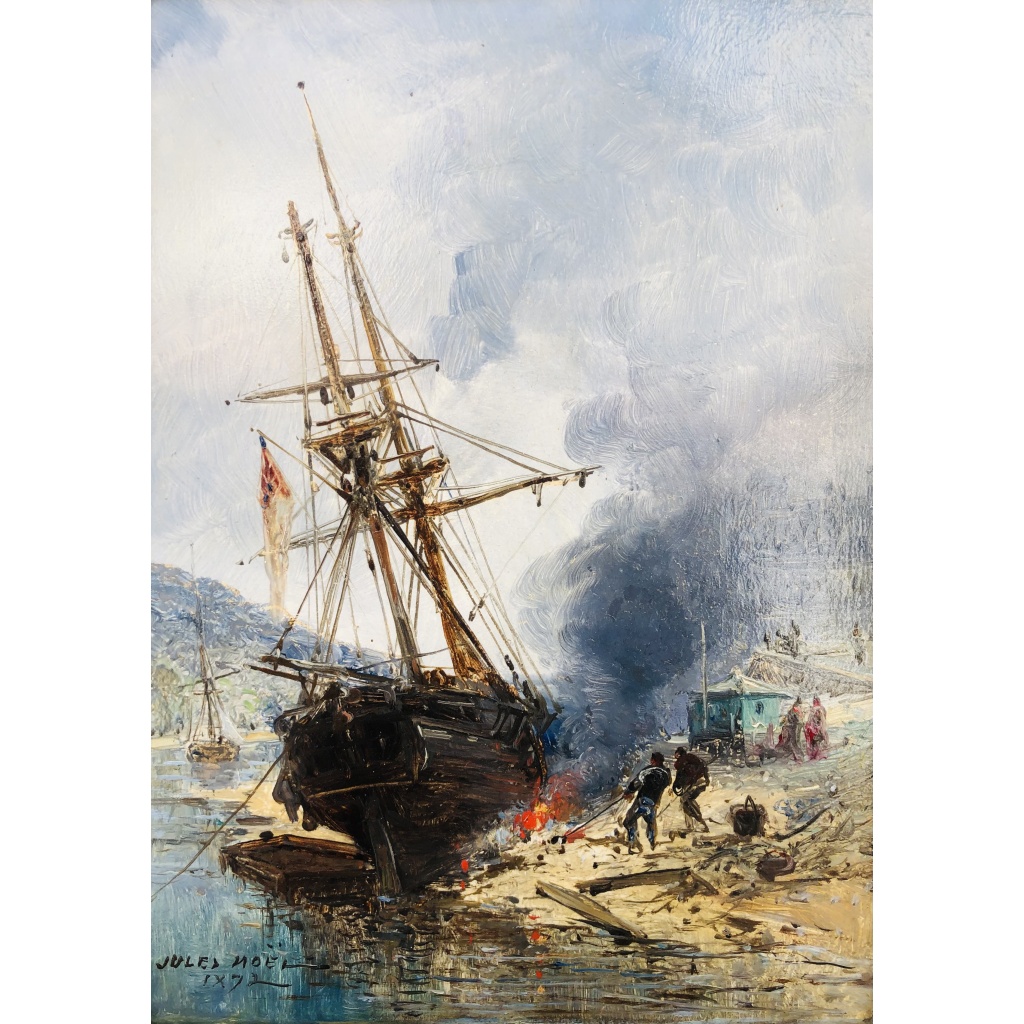 NOEL Jules Ecole Française 19è Voilier en cale 1872 Huile Sur panneau Signée Datée Certificat d’Authenticité 5