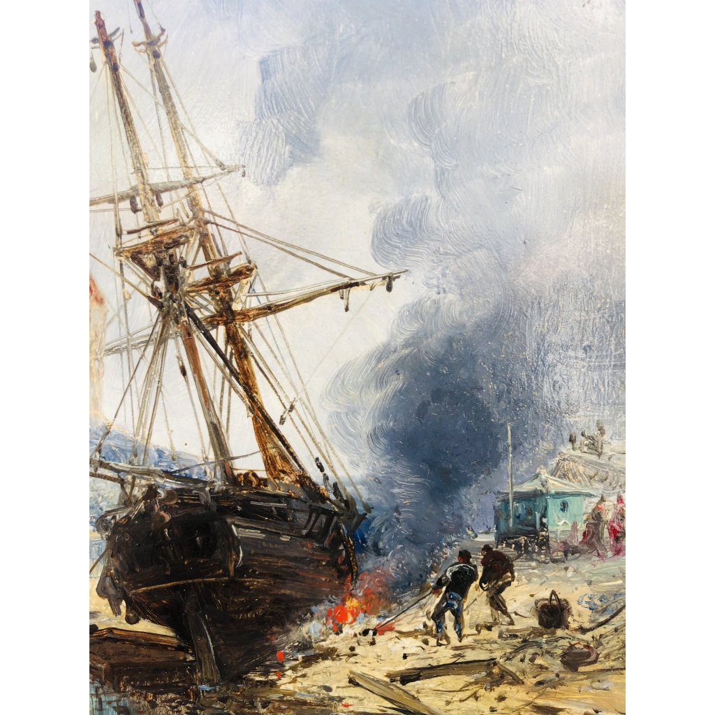 NOEL Jules Ecole Française 19è Voilier en cale 1872 Huile Sur panneau Signée Datée Certificat d’Authenticité 15