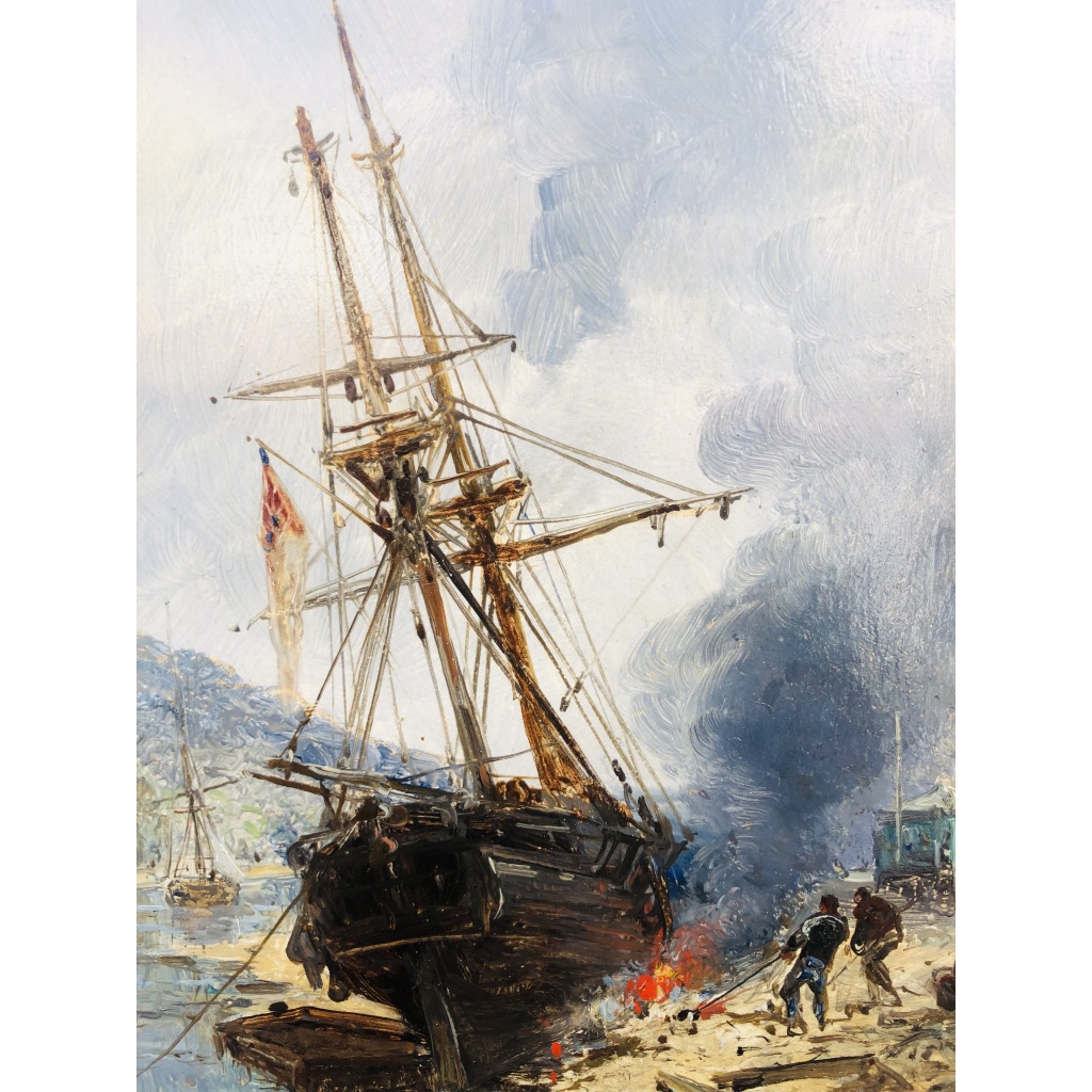 NOEL Jules Ecole Française 19è Voilier en cale 1872 Huile Sur panneau Signée Datée Certificat d’Authenticité 8