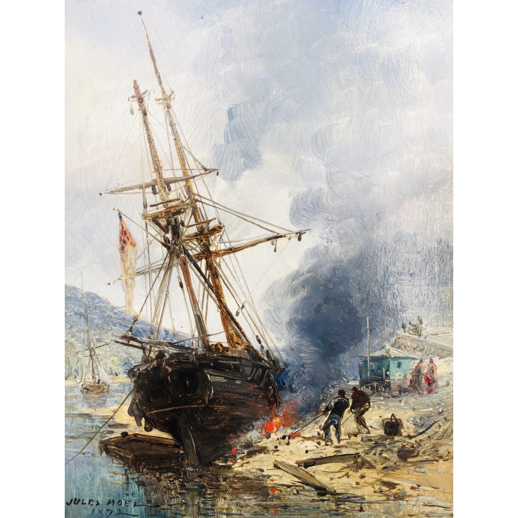 NOEL Jules Ecole Française 19è Voilier en cale 1872 Huile Sur panneau Signée Datée Certificat d’Authenticité 7