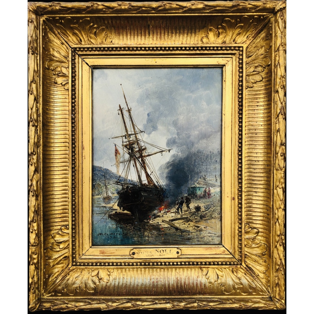 NOEL Jules Ecole Française 19è Voilier en cale 1872 Huile Sur panneau Signée Datée Certificat d’Authenticité 10