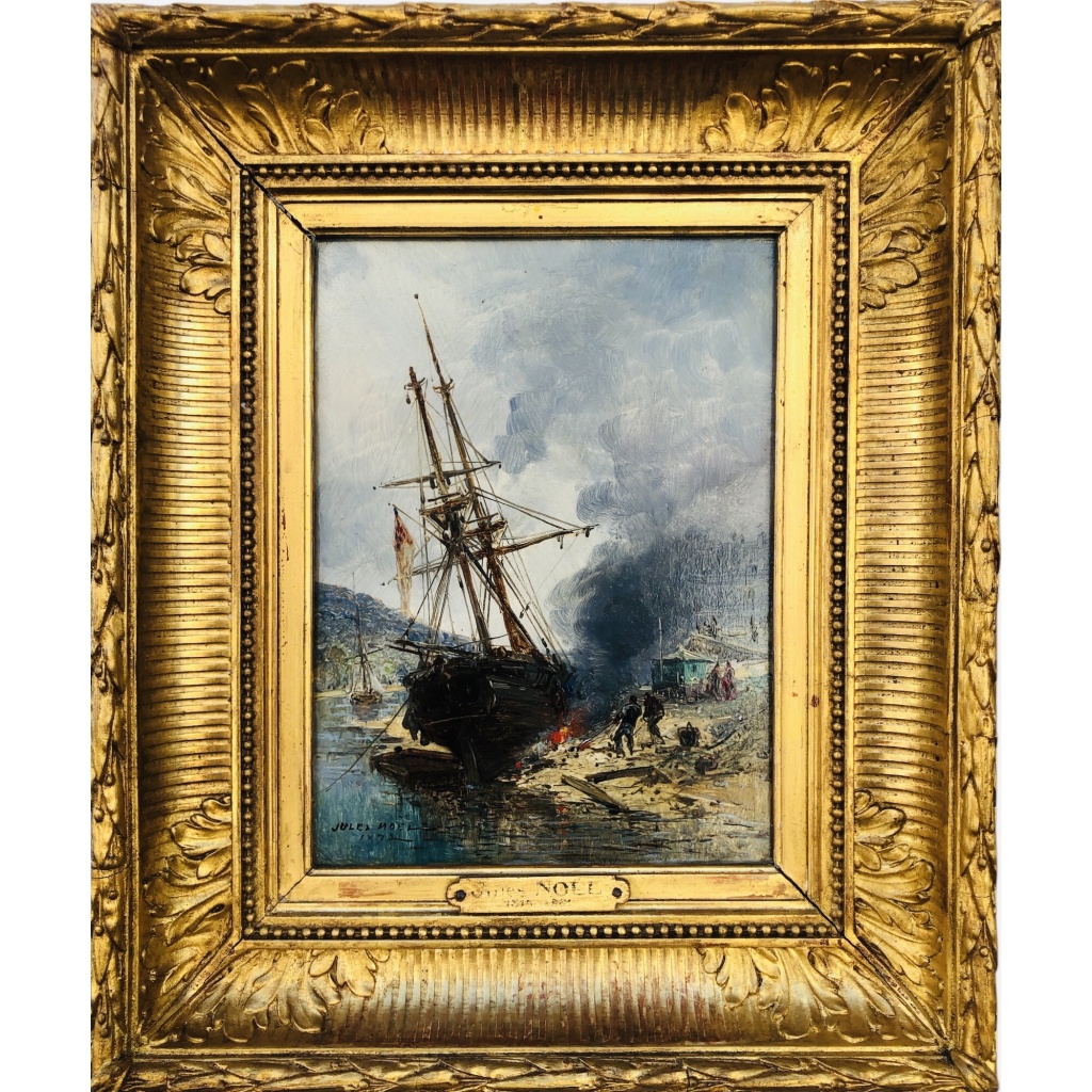 NOEL Jules Ecole Française 19è Voilier en cale 1872 Huile Sur panneau Signée Datée Certificat d’Authenticité 3