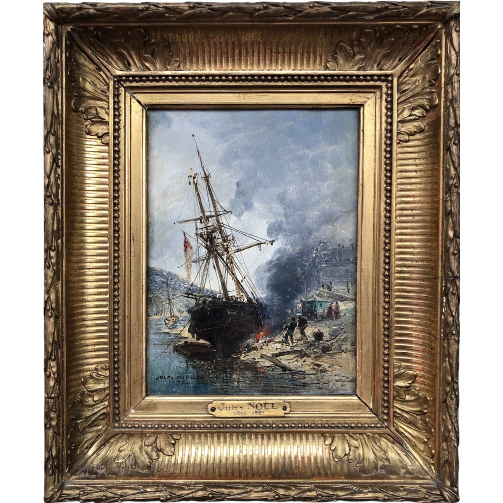 NOEL Jules Voilier en cale 1872 Huile Sur panneau Signée Datée Certificat d’Authenticité 3