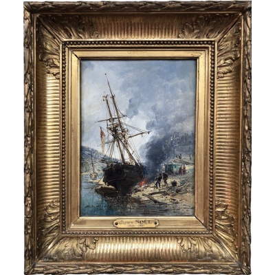 NOEL Jules Voilier en cale 1872 Huile Sur panneau Signée Datée Certificat d’Authenticité