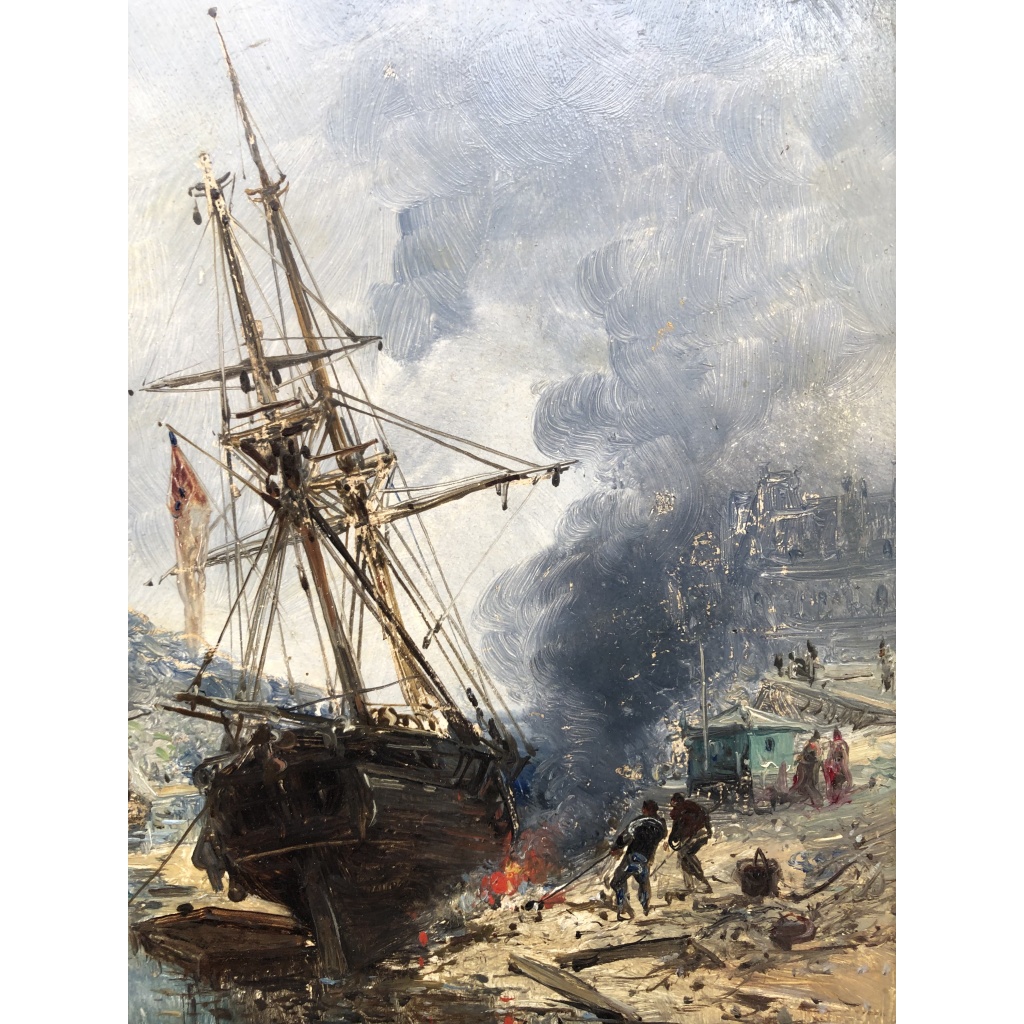 NOEL Jules Voilier en cale 1872 Huile Sur panneau Signée Datée Certificat d’Authenticité 9