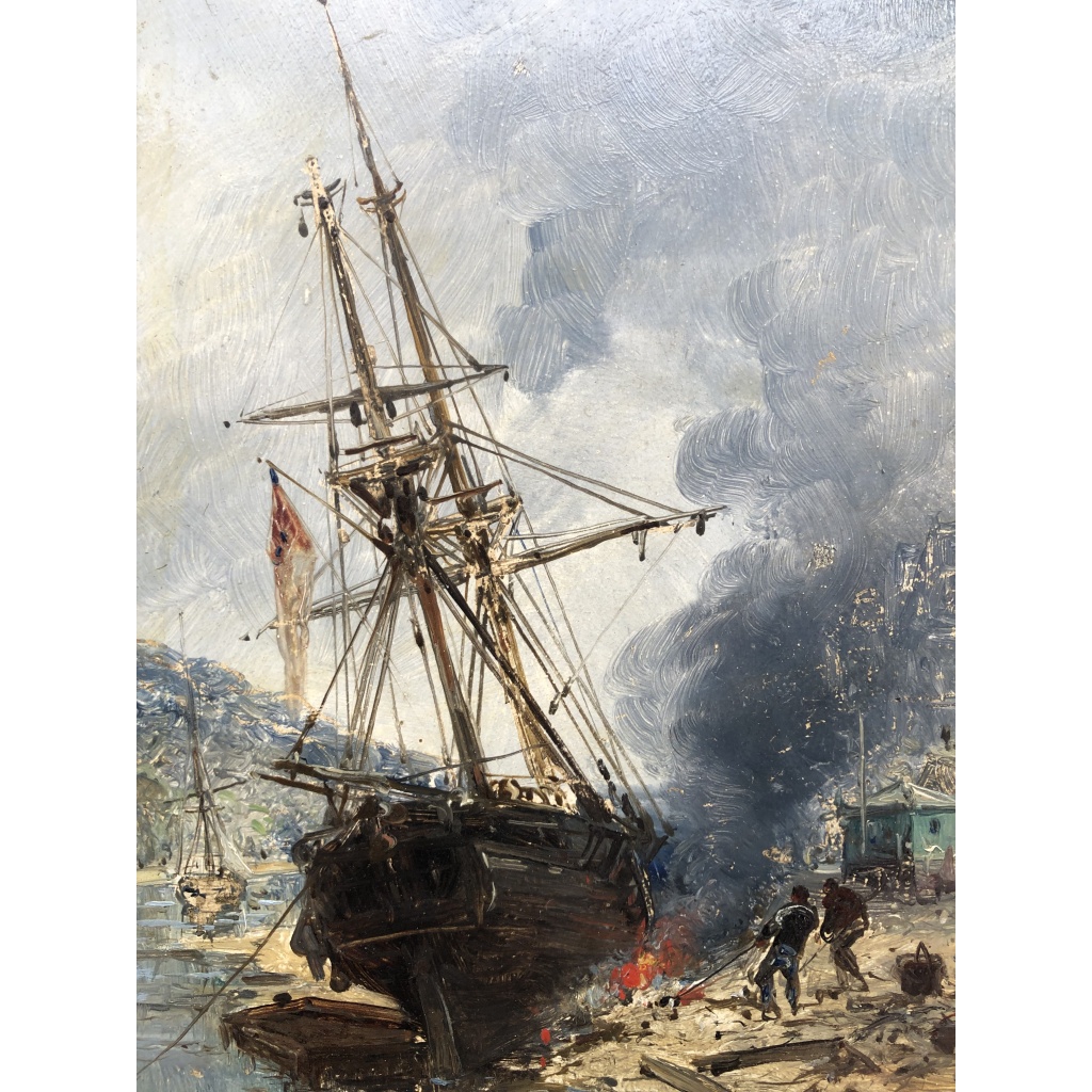 NOEL Jules Voilier en cale 1872 Huile Sur panneau Signée Datée Certificat d’Authenticité 8