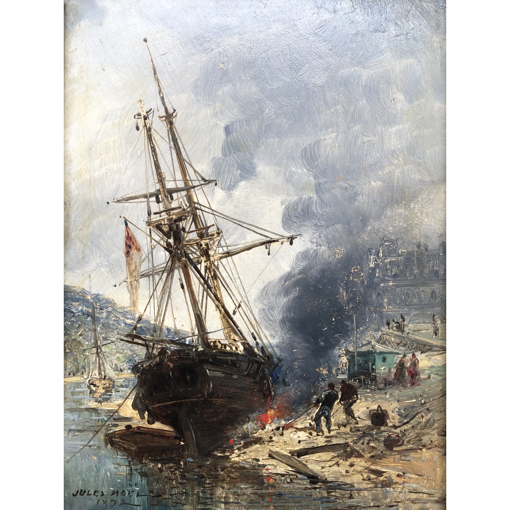 NOEL Jules Voilier en cale 1872 Huile Sur panneau Signée Datée Certificat d’Authenticité 7