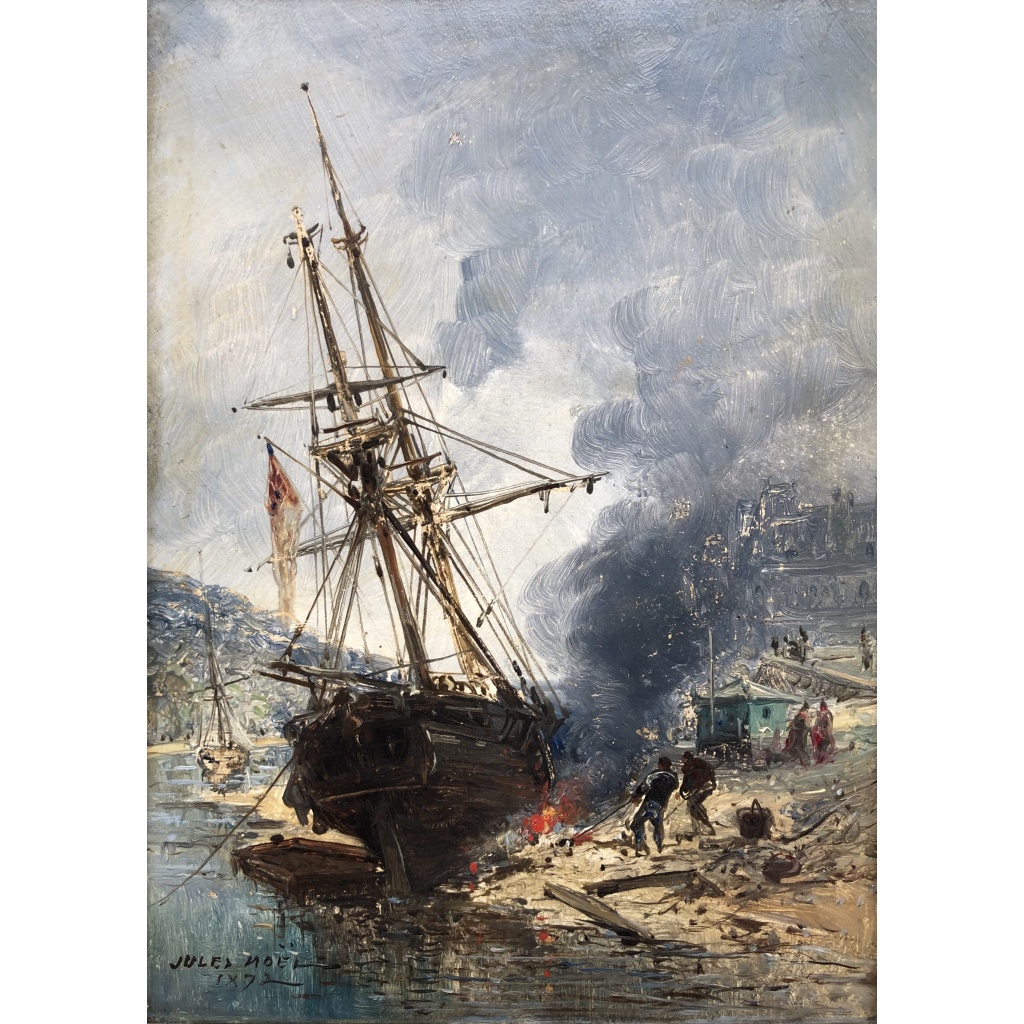 NOEL Jules Voilier en cale 1872 Huile Sur panneau Signée Datée Certificat d’Authenticité 4